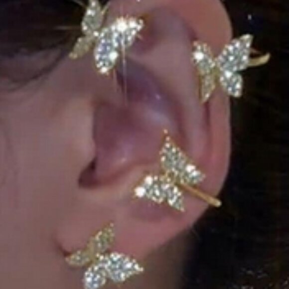 Butterfly Single Gold Rhinestone Earring Cuff or Dangle Stud - Picture 4 of 4